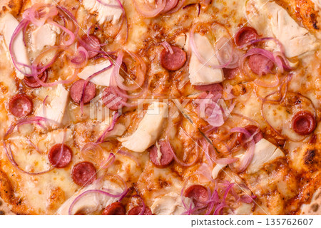 Italian pizza with sausage, chicken, and cheese for dinner. Sausage pizza Italian pizza with sausage, chicken, and cheese for dinner. Sausage pizza 135762607