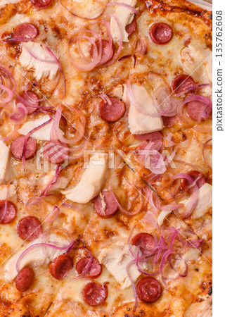 Italian pizza with sausage, chicken, and cheese for dinner. Sausage pizza Italian pizza with sausage, chicken, and cheese for dinner. Sausage pizza 135762608