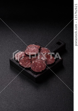 Black blood pudding, grilled pork sausage cooked for dinner. Blood pudding 135762621