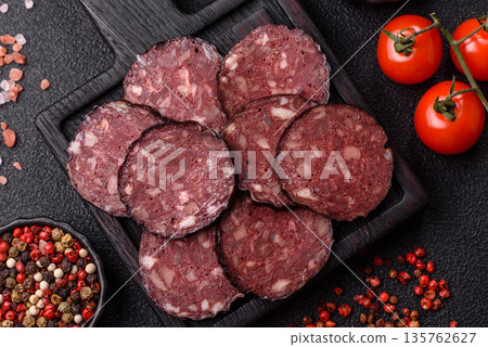 Black blood pudding, grilled pork sausage cooked for dinner. Blood pudding 135762627