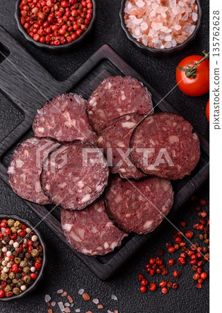 Black blood pudding, grilled pork sausage cooked for dinner. Blood pudding 135762628