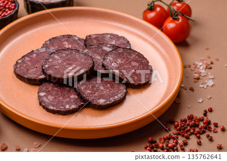 Black blood pudding, grilled pork sausage cooked for dinner. Blood pudding 135762641