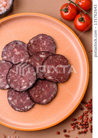 Black blood pudding, grilled pork sausage cooked for dinner. Blood pudding Black blood pudding, grilled pork sausage cooked for dinner. Blood pudding 135762643