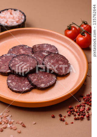Black blood pudding, grilled pork sausage cooked for dinner. Blood pudding 135762644