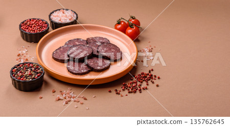 Black blood pudding, grilled pork sausage cooked for dinner. Blood pudding 135762645