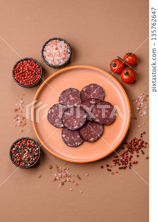 Black blood pudding, grilled pork sausage cooked for dinner. Blood pudding 135762647