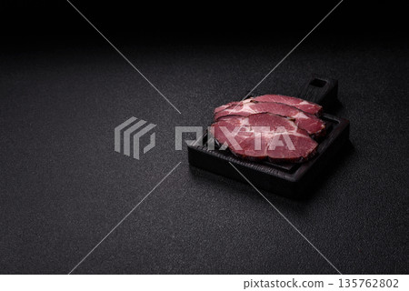 Meat, smoked ham, or pork sausage sliced for breakfast sandwiches. Sliced ham 135762802
