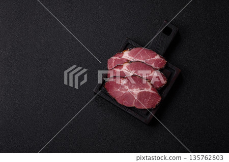 Meat, smoked ham, or pork sausage sliced for breakfast sandwiches. Sliced ham Meat, smoked ham, or pork sausage sliced for breakfast sandwiches. Sliced ham 135762803