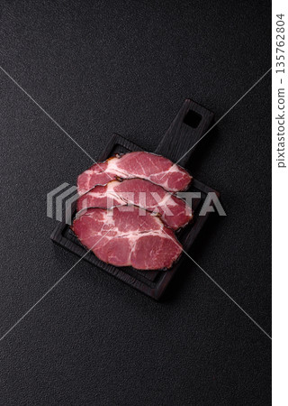 Meat, smoked ham, or pork sausage sliced for breakfast sandwiches. Sliced ham 135762804