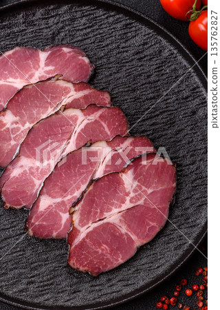 Meat, smoked ham, or pork sausage sliced for breakfast sandwiches. Sliced ham Meat, smoked ham, or pork sausage sliced for breakfast sandwiches. Sliced ham 135762827