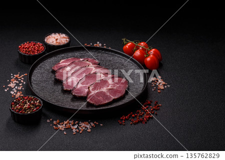 Meat, smoked ham, or pork sausage sliced for breakfast sandwiches. Sliced ham Meat, smoked ham, or pork sausage sliced for breakfast sandwiches. Sliced ham 135762829