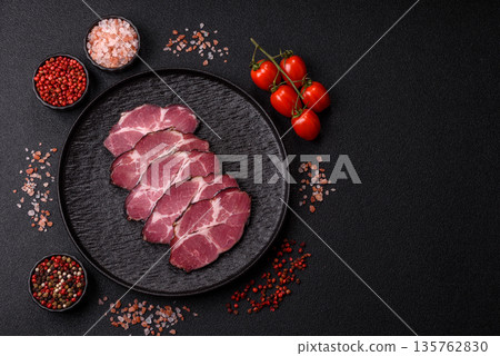 Meat, smoked ham, or pork sausage sliced for breakfast sandwiches. Sliced ham 135762830