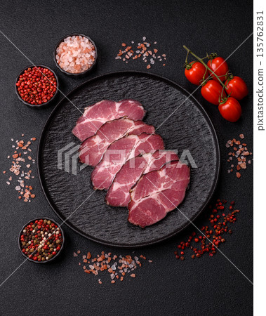 Meat, smoked ham, or pork sausage sliced for breakfast sandwiches. Sliced ham Meat, smoked ham, or pork sausage sliced for breakfast sandwiches. Sliced ham 135762831