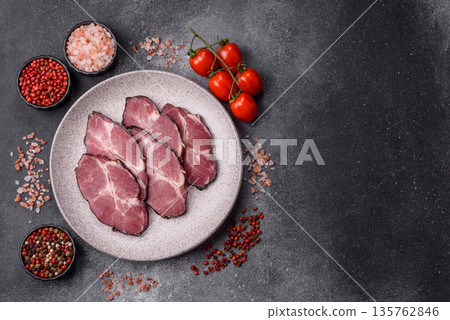 Meat, smoked ham, or pork sausage sliced for breakfast sandwiches. Sliced ham Meat, smoked ham, or pork sausage sliced for breakfast sandwiches. Sliced ham 135762846