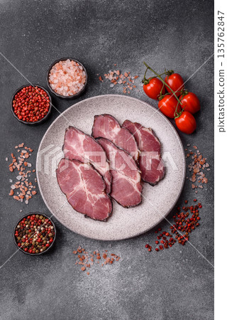 Meat, smoked ham, or pork sausage sliced for breakfast sandwiches. Sliced ham Meat, smoked ham, or pork sausage sliced for breakfast sandwiches. Sliced ham 135762847