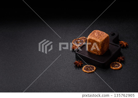 A French cube croissant with chocolate filling, a sweet breakfast pastry. Cube croissant 135762905