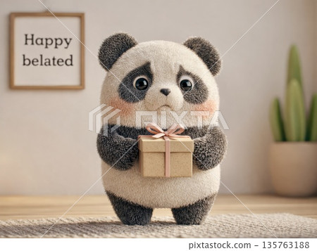 Cute shy panda holding a gift box, happy belated greeting concept 135763188
