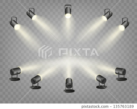 Spotlights set, stage and studio light, realistic hanging lamps. Spot lights and searchlights for concert. Vector Spotlights set, stage and studio light, realistic hanging lamps. Spot lights and searchlights for concert. Vector 135763189