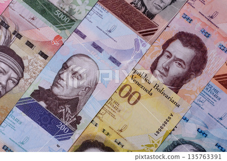 Venezuelan bolivar, cash, currency of Venezuela, banknotes for transactions. Venezuelan bolivar Venezuelan bolivar, cash, currency of Venezuela, banknotes for transactions. Venezuelan bolivar 135763391