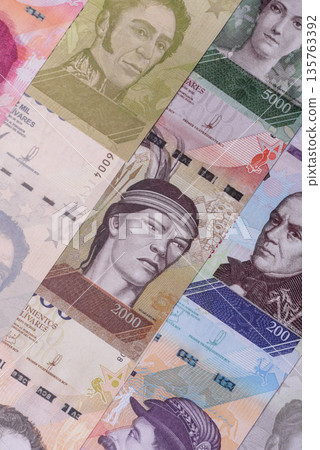 Venezuelan bolivar, cash, currency of Venezuela, banknotes for transactions. Venezuelan bolivar Venezuelan bolivar, cash, currency of Venezuela, banknotes for transactions. Venezuelan bolivar 135763392