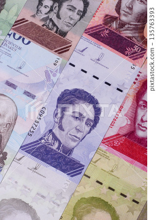 Venezuelan bolivar, cash, currency of Venezuela, banknotes for transactions. Venezuelan bolivar Venezuelan bolivar, cash, currency of Venezuela, banknotes for transactions. Venezuelan bolivar 135763393