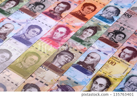 Venezuelan bolivar, cash, currency of Venezuela, banknotes for transactions. Venezuelan bolivar Venezuelan bolivar, cash, currency of Venezuela, banknotes for transactions. Venezuelan bolivar 135763401