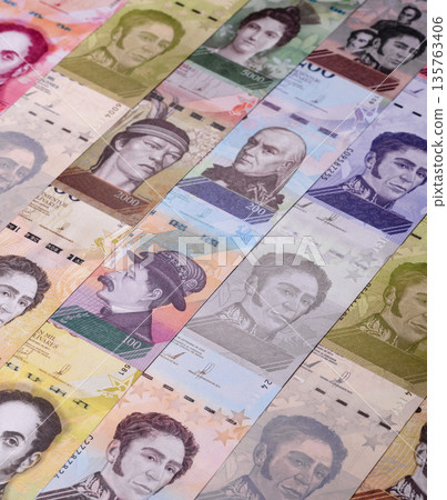 Venezuelan bolivar, cash, currency of Venezuela, banknotes for transactions. Venezuelan bolivar Venezuelan bolivar, cash, currency of Venezuela, banknotes for transactions. Venezuelan bolivar 135763406