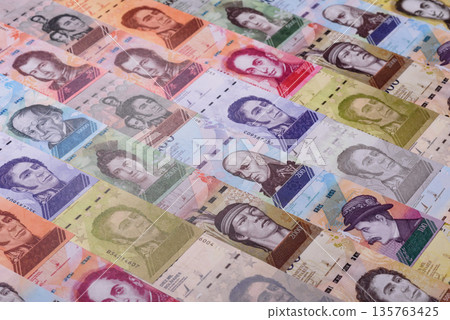 Venezuelan bolivar, cash, currency of Venezuela, banknotes for transactions. Venezuelan bolivar Venezuelan bolivar, cash, currency of Venezuela, banknotes for transactions. Venezuelan bolivar 135763425