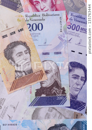 Venezuelan bolivar, cash, currency of Venezuela, banknotes for transactions. Venezuelan bolivar 135763444