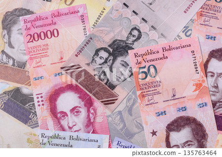 Venezuelan bolivar, cash, currency of Venezuela, banknotes for transactions. Venezuelan bolivar Venezuelan bolivar, cash, currency of Venezuela, banknotes for transactions. Venezuelan bolivar 135763464