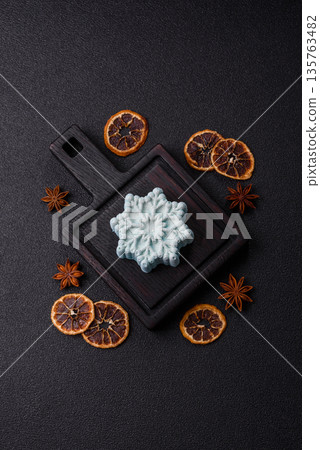 Christmas mochi, mooncake, or cheesecake shaped like a snowflake. Christmas mochi or cheesecake Christmas mochi, mooncake, or cheesecake shaped like a snowflake. Christmas mochi or cheesecake 135763482