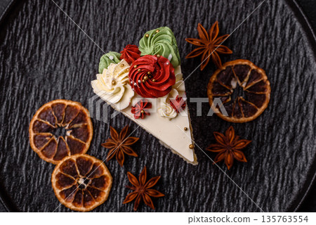 A slice of sweet layered cake with white cream for a birthday or holiday. A slice of cake 135763554