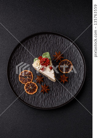 A slice of sweet layered cake with white cream for a birthday or holiday. A slice of cake 135763559