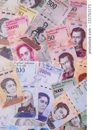 Venezuelan bolivar, cash, currency of Venezuela, banknotes for transactions. Venezuelan bolivar Venezuelan bolivar, cash, currency of Venezuela, banknotes for transactions. Venezuelan bolivar 135763573