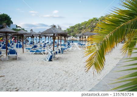 Way to sandy public beach. Tropical summer public sandy beach. Sun loungers, umbrellas, palms. Cala Santanyi beach on Mallorca, Spain. Vacation on Mediterranean seaside. Way to sandy public beach. Tropical summer public sandy beach. Sun loungers, umbrellas, palms. Cala Santanyi beach on Mallorca, Spain. Vacation on Mediterranean seaside. 135763724