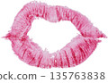Textured imprint of female lips with bright pink lipstick, detailed skin microrelief 135763838