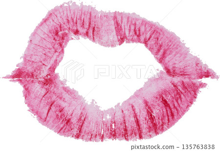 Textured imprint of female lips with bright pink lipstick, detailed skin microrelief 135763838