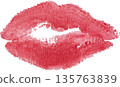 Textured imprint of female lips with bright pink lipstick, detailed skin microrelief 135763839