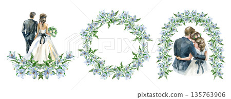 Watercolor wedding collection featuring a bride and groom from the back, a circular floral wreath, and a romantic couple standing under a flower arch. Elegant hand-painted blue lilies for marriage Watercolor wedding collection featuring a bride and groom from the back, a circular floral wreath, and a romantic couple standing under a flower arch. Elegant hand-painted blue lilies for marriage 135763906
