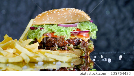 Gourmet Burger Display, Highquality Presentation Of Burger With Melting Cheese And Crispy Fries Gourmet Burger Display, Highquality Presentation Of Burger With Melting Cheese And Crispy Fries 135764423