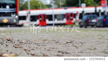 Textured Cobblestone Path With Approaching Tram, Urban Scene Featuring Moving Tram And Vibrant Fall Leaves Textured Cobblestone Path With Approaching Tram, Urban Scene Featuring Moving Tram And Vibrant Fall Leaves 135764431