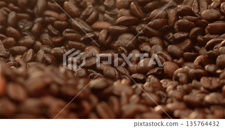 Rich Roasted Coffee, Intimate Shot Capturing Textured Surface And Rich Sheen Of Roasted Coffee Beans Rich Roasted Coffee, Intimate Shot Capturing Textured Surface And Rich Sheen Of Roasted Coffee Beans 135764432