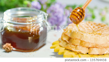 Sweet Breakfast Imagery, Delicious Honeycoated Waffles With Rustic Presentation And Morning Ambiance Sweet Breakfast Imagery, Delicious Honeycoated Waffles With Rustic Presentation And Morning Ambiance 135764438