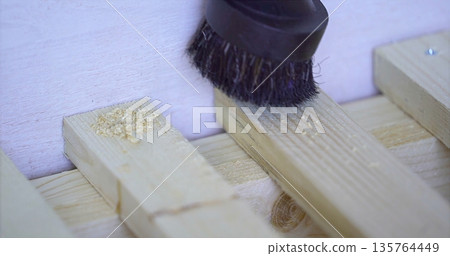 Textures Of Sawdust On Wooden Slats, Detailed Shot Of Rustic Wooden Planks With Sawdust And Lighting Textures Of Sawdust On Wooden Slats, Detailed Shot Of Rustic Wooden Planks With Sawdust And Lighting 135764449