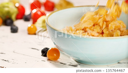 Animated Snapshot Capturing Crunchy Cereal Pieces And Milk Splashes In Contemporary Kitchen Environment Animated Snapshot Capturing Crunchy Cereal Pieces And Milk Splashes In Contemporary Kitchen Environment 135764467
