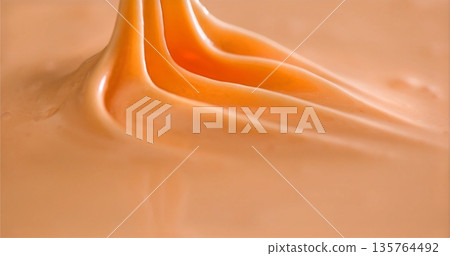 Silky Mousse With Soft Peaks, Closeup Of Airy Peach Mousse Showcasing Silky Texture And Gloss 135764492