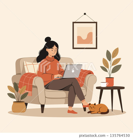 Cozy home freelance woman laptop illustration Cozy home freelance woman laptop illustration 135764530