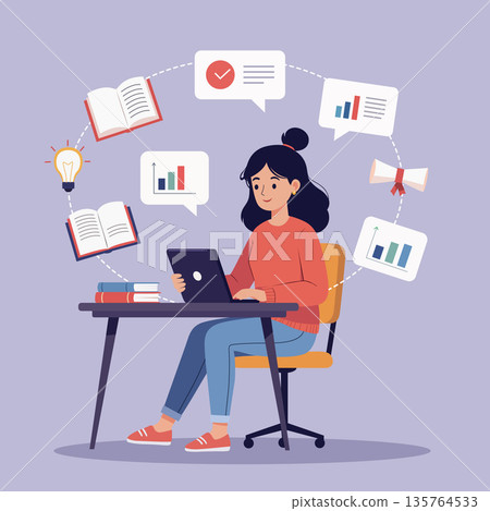 Cozy home freelance woman laptop illustration 135764533