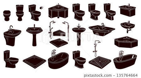A comprehensive collection of plumbing fixtures showcasing various bathroom elements for residential interior planning 135764664