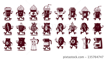 Collection of cheerful walking coffee bean and cup characters with a moka pot 135764747